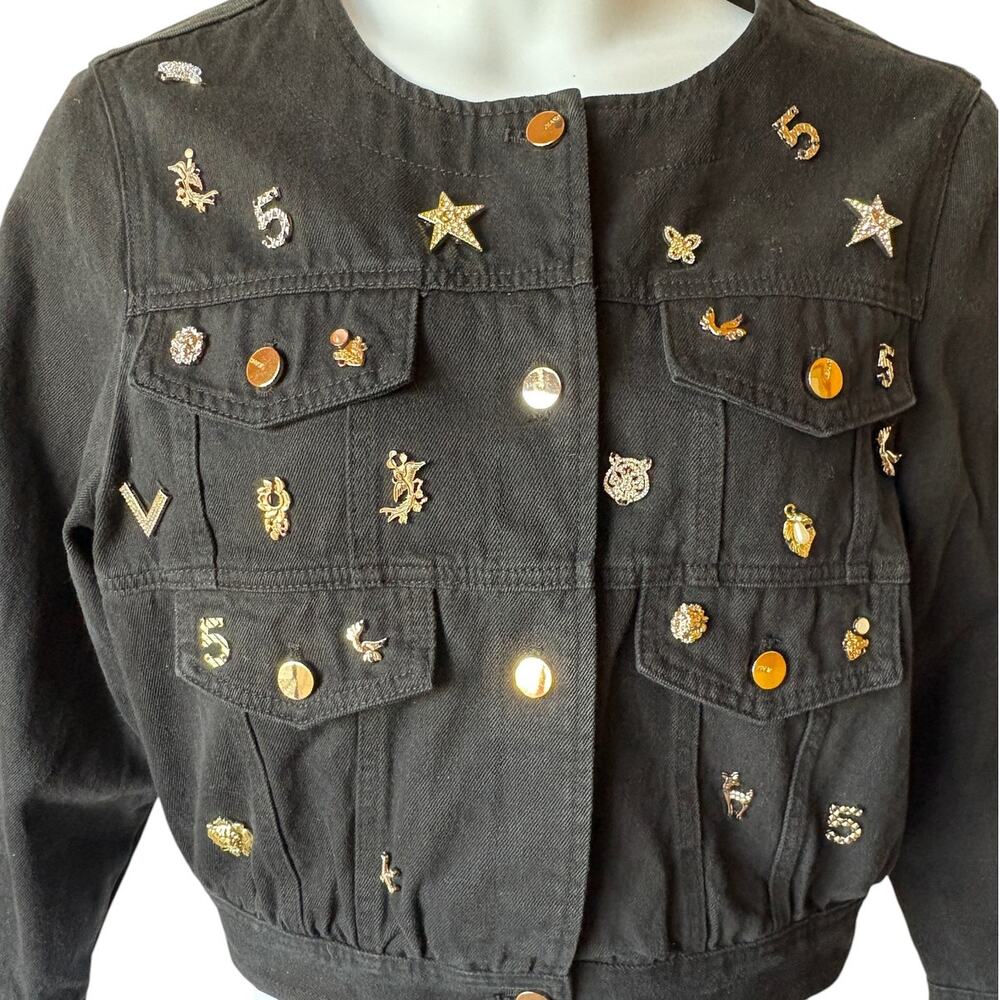 Oo La La Black Denim Embellished Collarless "Charm" Jacket Whimsy Bling size L - Picture 11 of 16